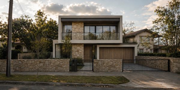 Modern two-story house with stone and glass design.
