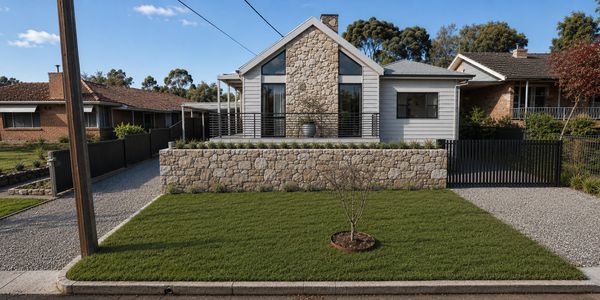 Modern house with stone and white exterior and manicured lawn.