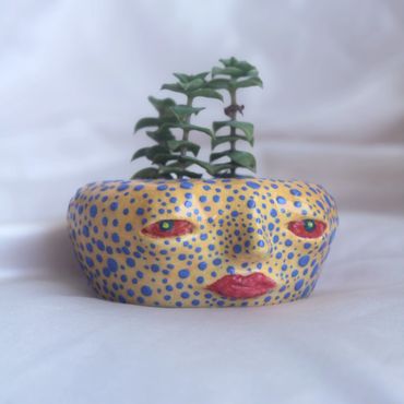 Pot with a face and blue dots holding a plant.