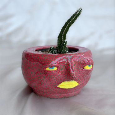 Red ceramic planter with a face and a cactus inside.