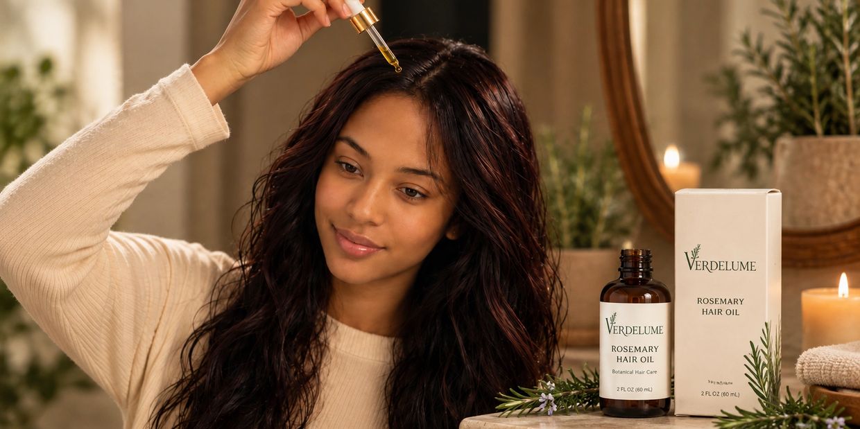 Woman applying rosemary hair oil to her scalp.