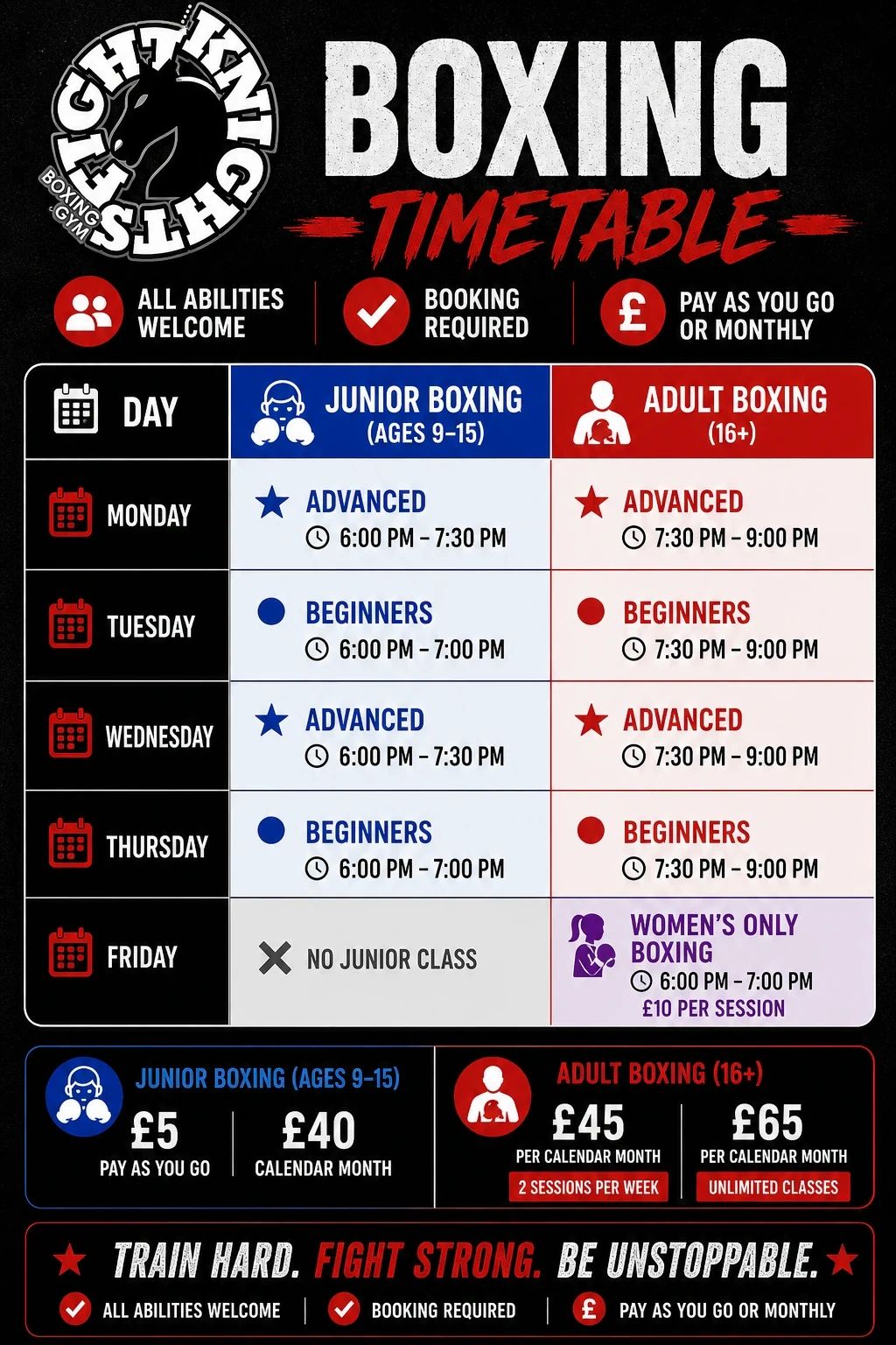 Boxing gym timetable for junior and adult classes with prices and booking info.