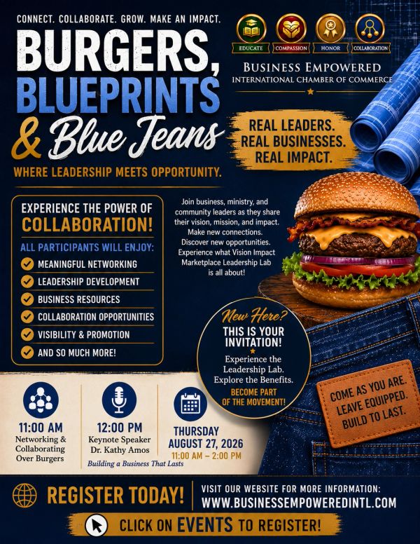 Event flyer for leadership networking over burgers with keynote speaker Dr. Kathy Amos.