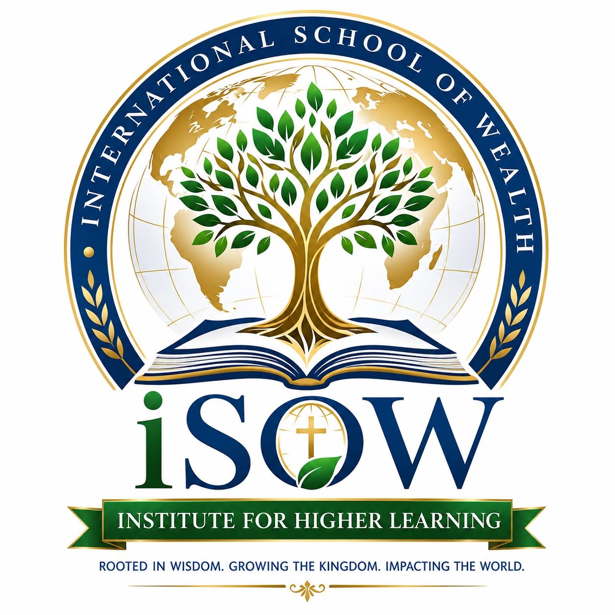 Logo of International School of Wealth with a tree, book, and globe design.