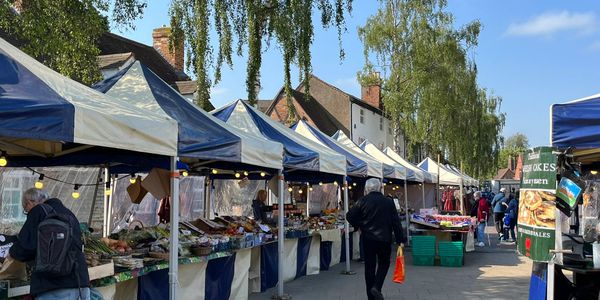 Outdoor market with stalls and people shopping under blue and white canopies.
