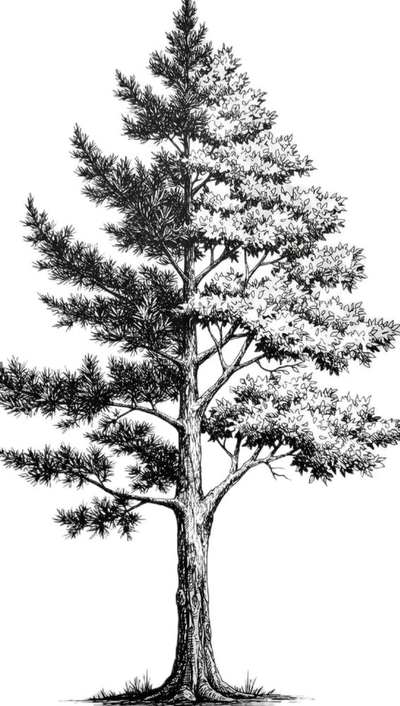 Black and white drawing of a tree with detailed foliage and textured bark.