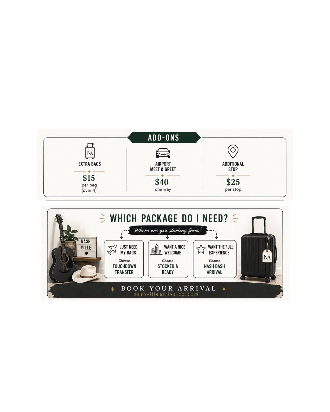 Packages and add-ons for Nashville Arrival services.