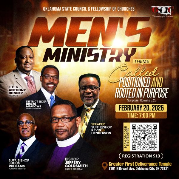 Flyer for Men's Ministry event on February 20, 2026, at Greater First Deliverance Temple.