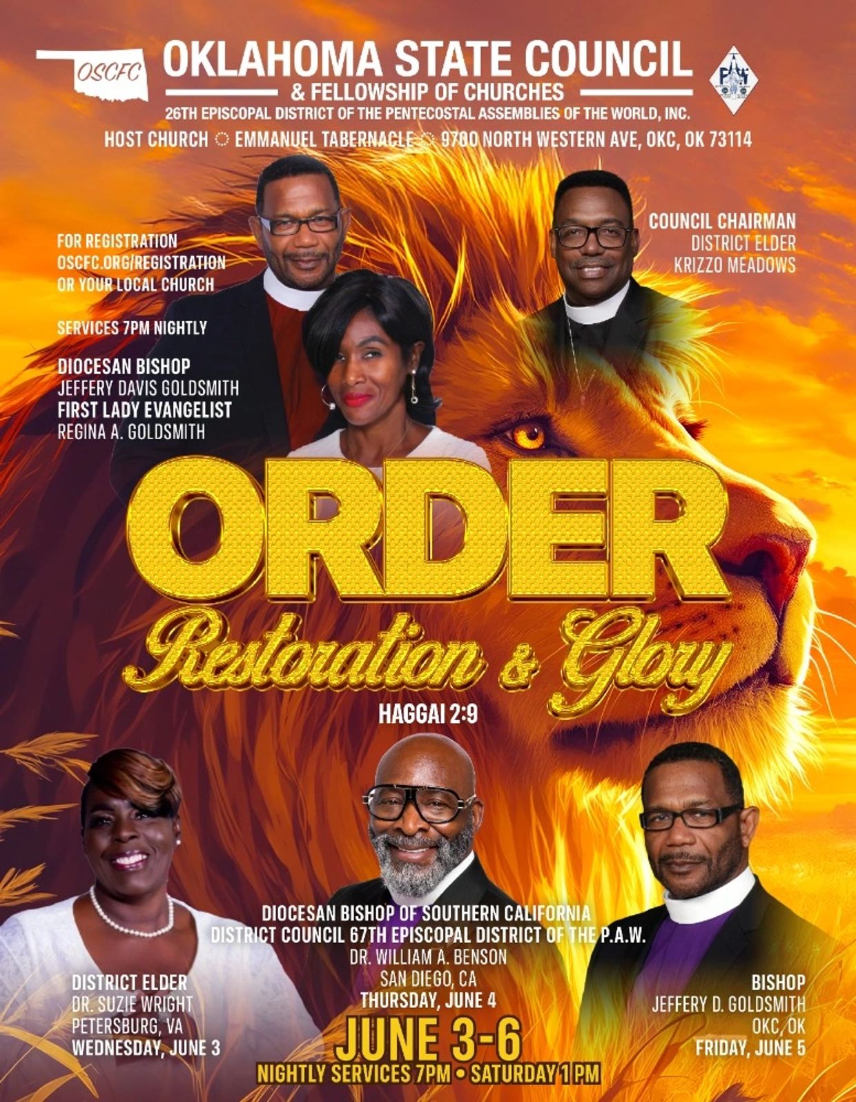 Flyer for Oklahoma State Council church event with leaders and a lion background.