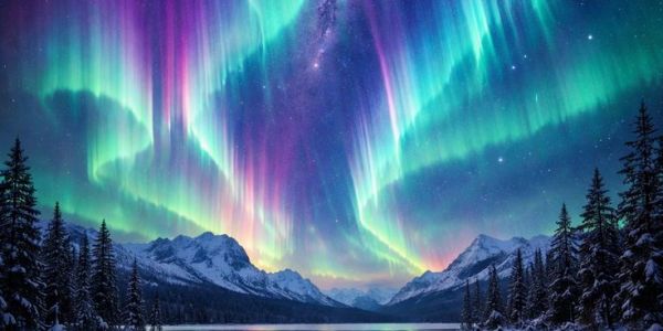 Colorful northern lights illuminate a snowy mountain landscape at night.