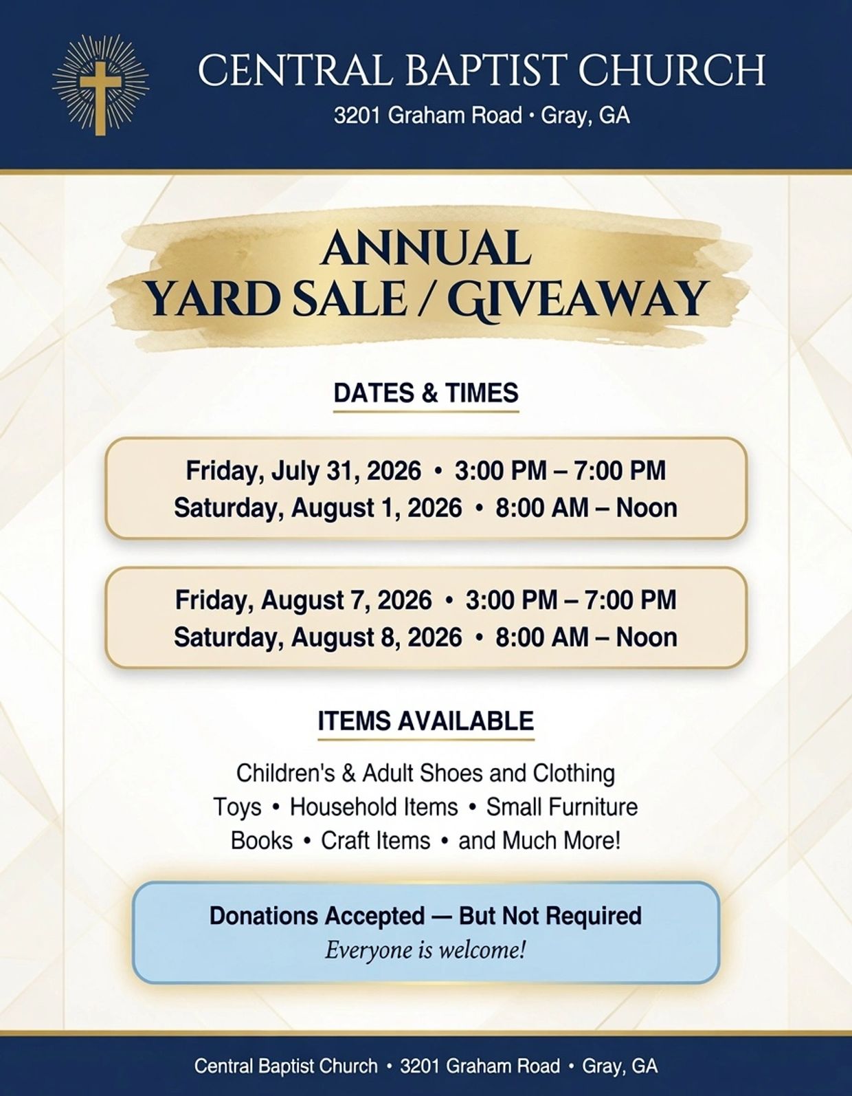 Central Baptist Church Annual Yard Sale/Giveaway event details.