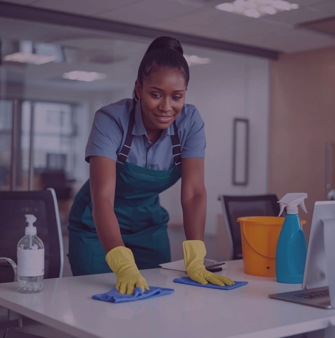 Woman cleaning an office desk wearing yellow gloves and an apron.