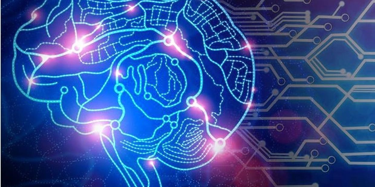 Digital illustration of a glowing brain with circuitry patterns.