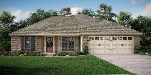Single-story brick house with a two-car garage and a well-kept lawn.