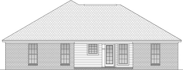 Architectural drawing of a single-story house with multiple windows and a central door.