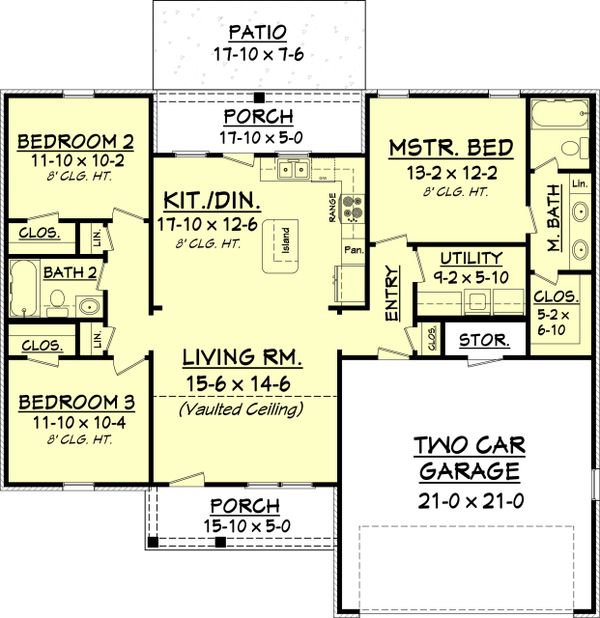 Detailed house floor plan with three bedrooms and a two-car garage.