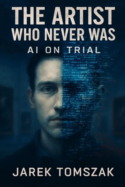 Book cover showing a man's face merging with digital code, titled 'The Artist Who Never Was.'