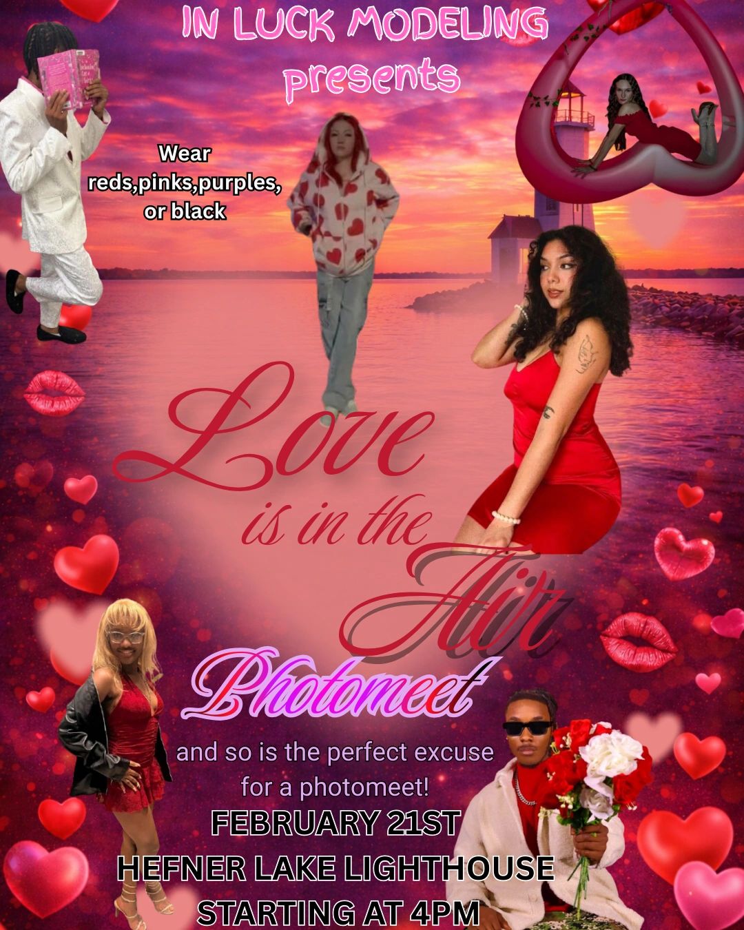Valentine-themed photomeet event at Hefner Lake Lighthouse, Feb 21st, dress code: reds, pinks, purples, or black.
