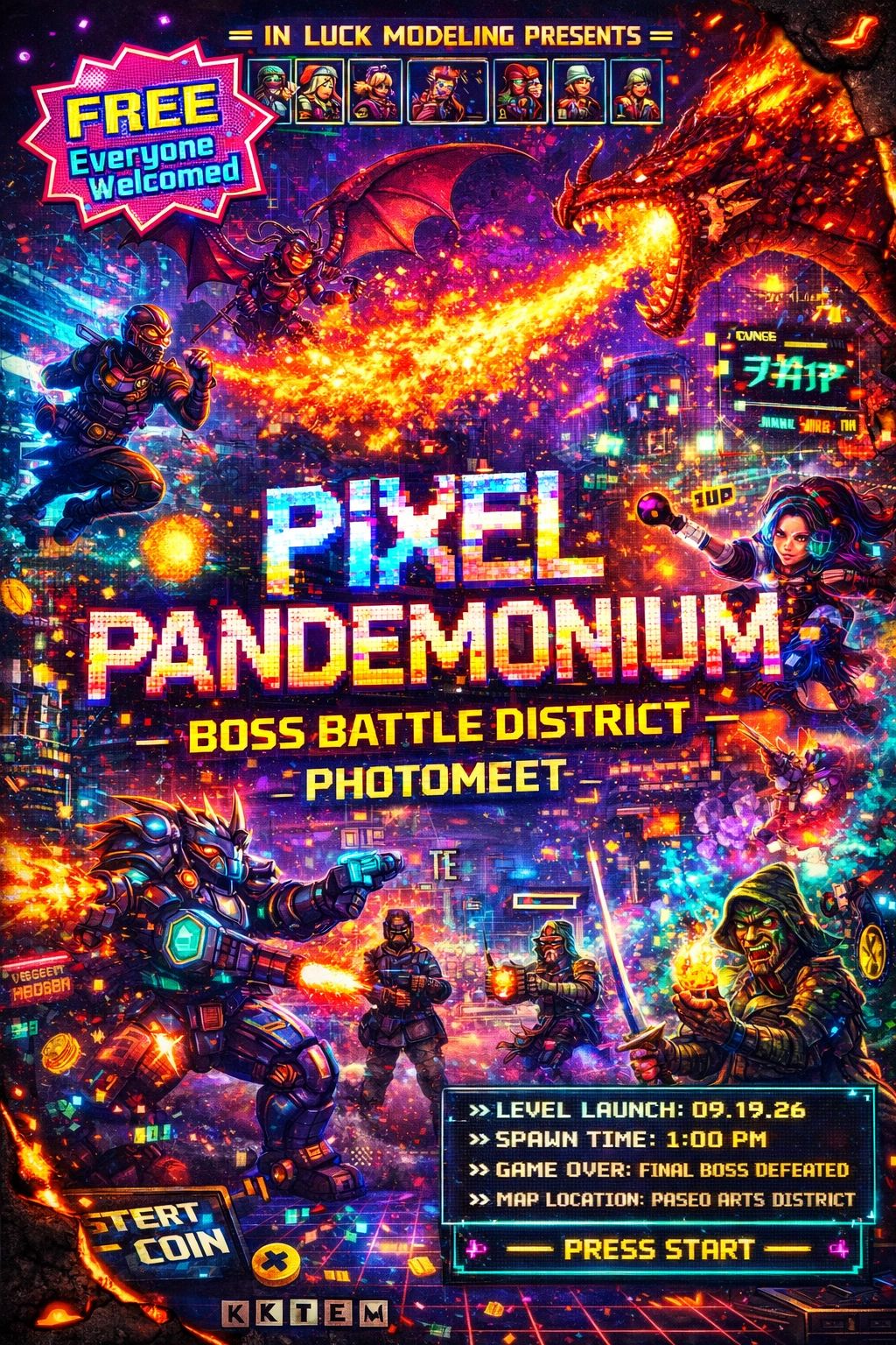 Vibrant poster for Pixel Pandemonium, a free boss battle photomeet game event.
