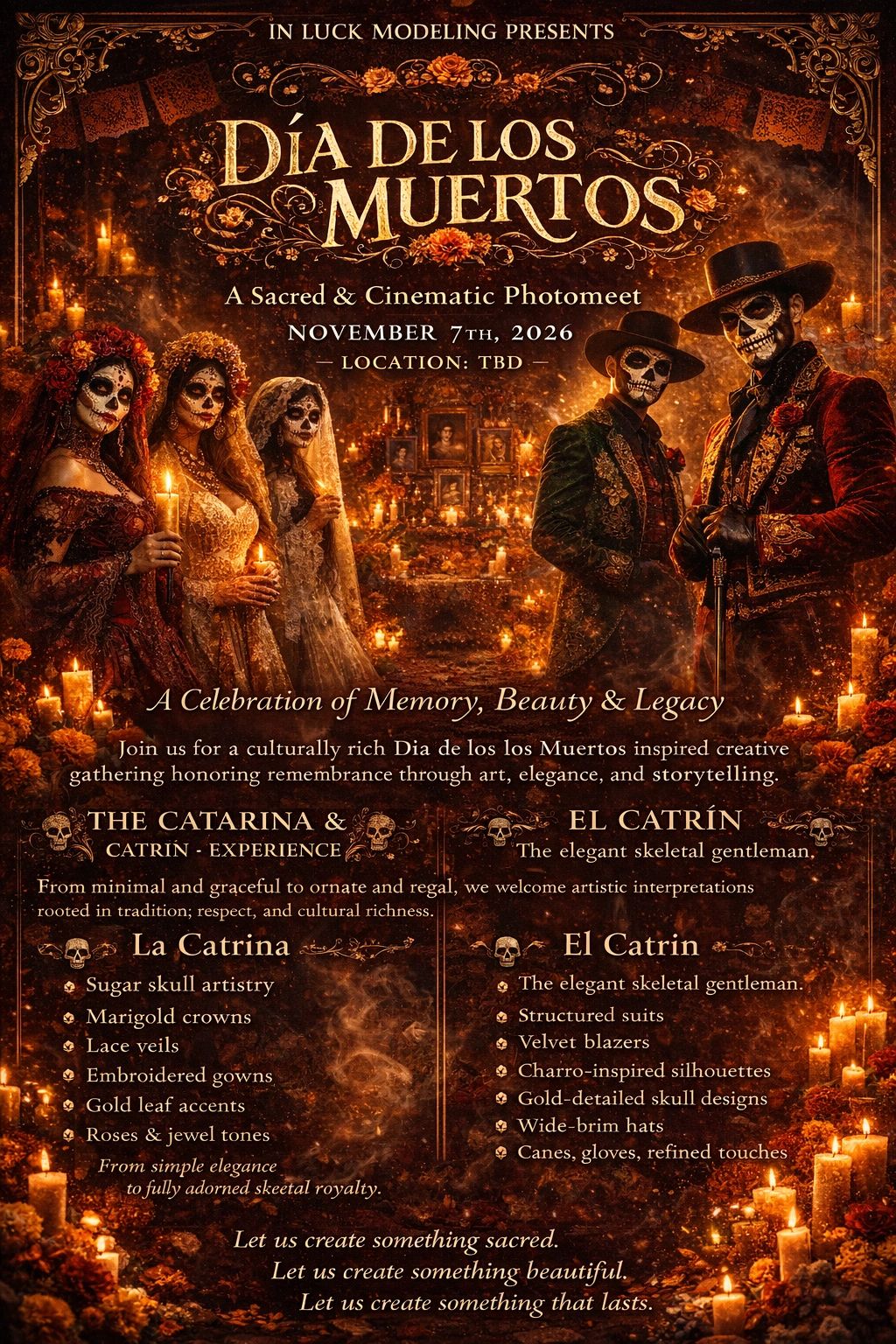 A Dia de los Muertos photomeet with ornate costumes and candlelit ambiance.