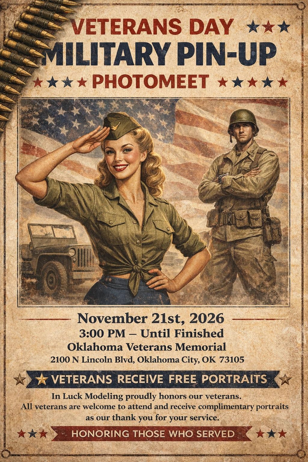 Vintage-style Veterans Day military pin-up photomeet poster with a smiling woman and soldier.
