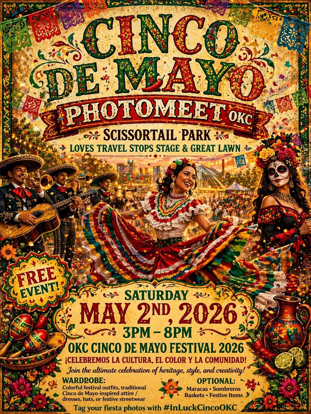 Colorful Cinco de Mayo festival poster with dancers and musicians.