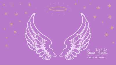 White angel wings and halo on a purple background with stars.