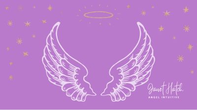 White angel wings and halo on a purple background with stars.