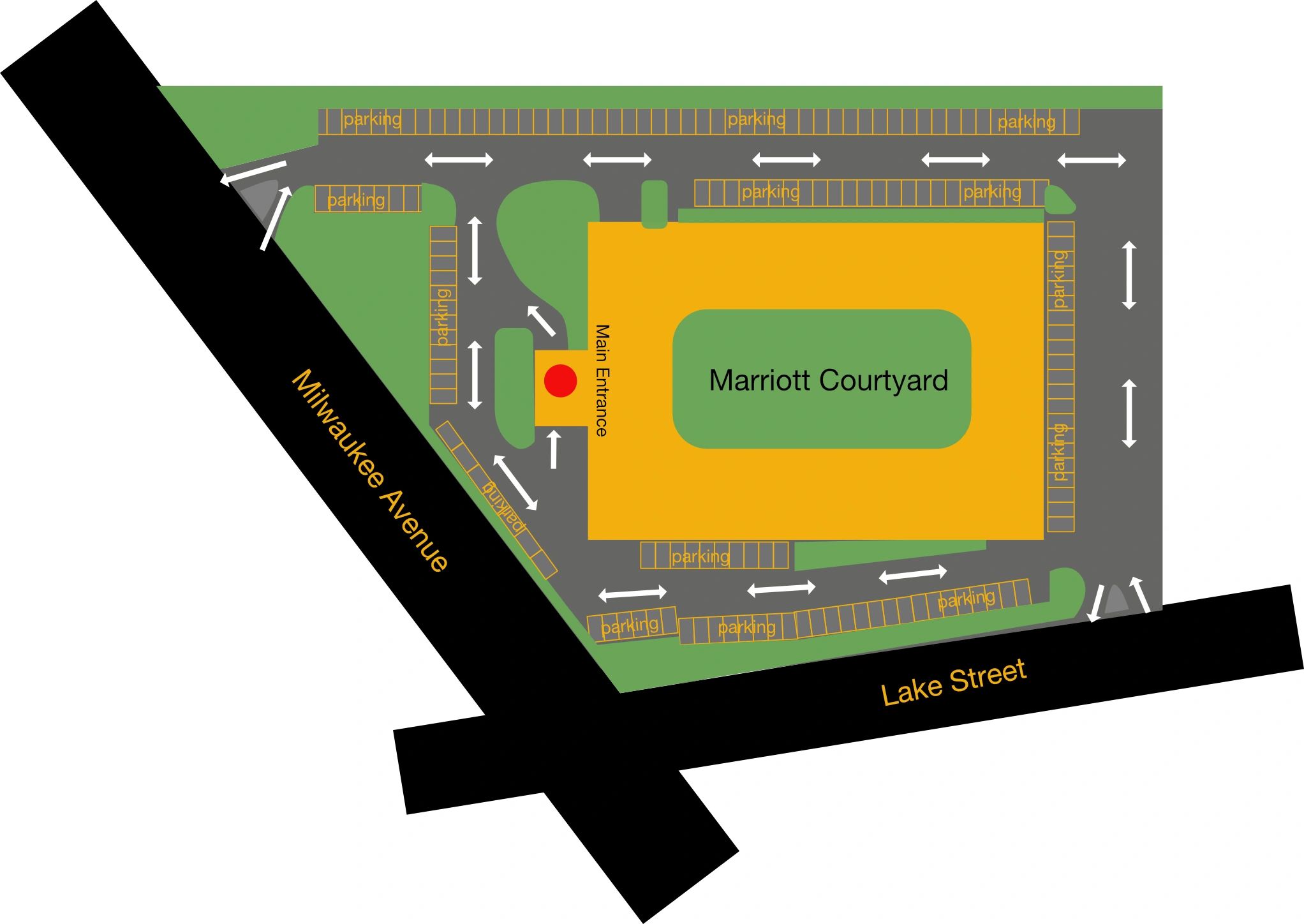 Map of Marriott Courtyard showing parking and entrance.