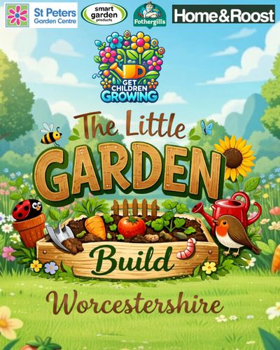 Colorful garden-themed poster for 'The Little Garden Build' in Worcestershire.