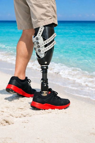 Below-knee socketless design prosthesis with diabetic shoes supporting mobility and foot protection.