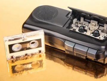 Mini audio cassette tape sitting next to a mini cassette player