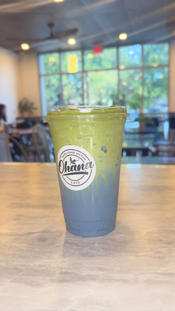 Iced layered matcha and butterfly pea drink from Ohana Cafe.