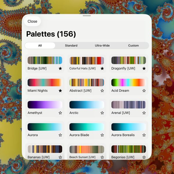 Color palette selection window showing various named palettes with gradients and bars.