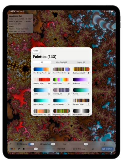 iPad screen displaying a Mandelbrot set fractal with a palette selection menu open.