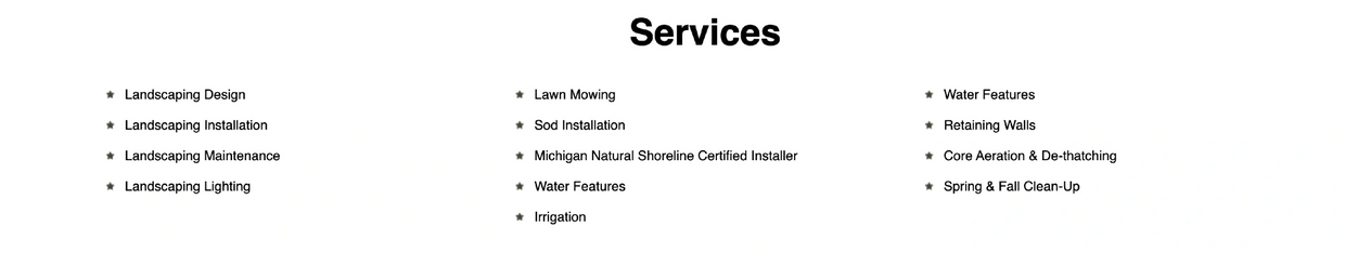 List of landscaping and lawn care services offered.
