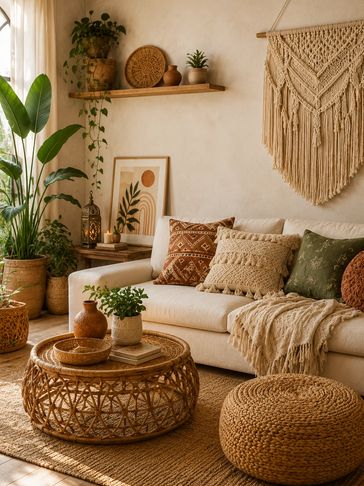 Cozy boho living room with natural textures and earthy tones.