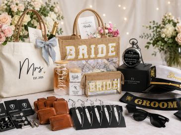 Wedding gift bags labeled 'Bride' and 'Groom' with accessories and keepsakes.