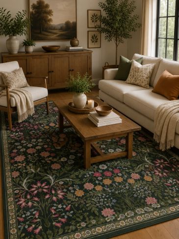 Cozy living room with floral rug and wooden furniture.