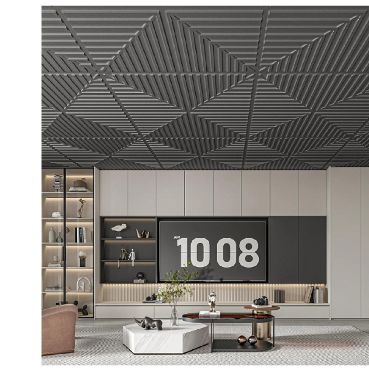 Modern living room with geometric ceiling and sleek entertainment center.