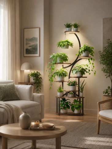 Cozy living room with a modern plant stand filled with lush green plants.