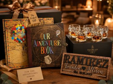 Elegant wedding gift collection featuring personalized bride and groom accessories and keepsakes.