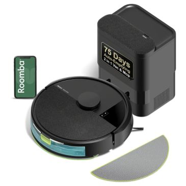 Roomba robot vacuum with self-emptying base and mop attachment.