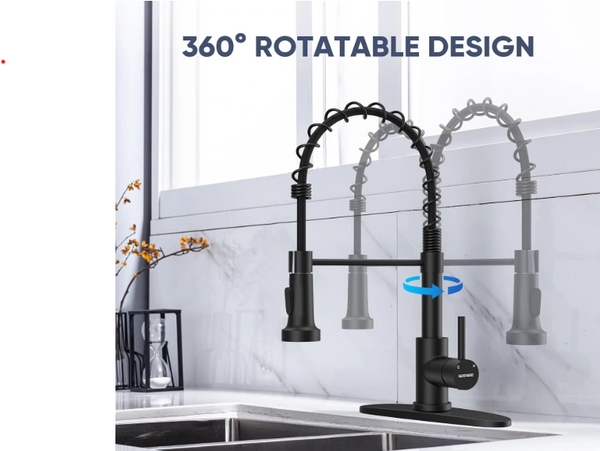 Black kitchen faucet with 360° rotatable design above a stainless steel sink.