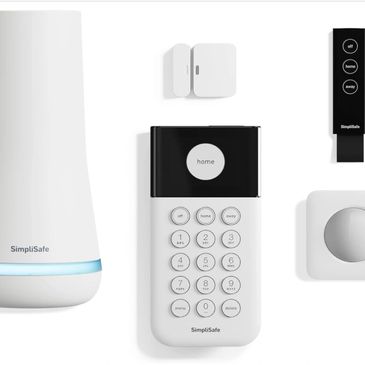 A SimpliSafe home security system with keypad and sensors.