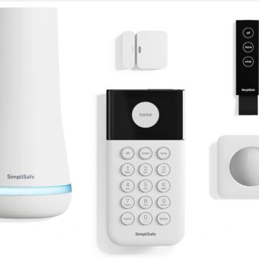 SimpliSafe home security system components with keypad and sensors.