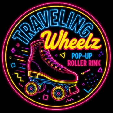 Neon sign for Traveling Wheelz roller rink.