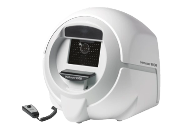 A white Henson 9000 vision testing device with a handheld controller.