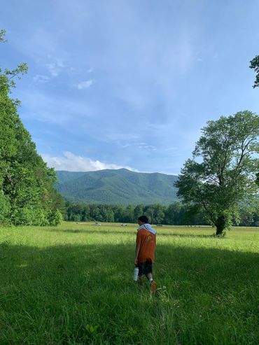 Person walking through a green field with mountains and blue sky in the background.