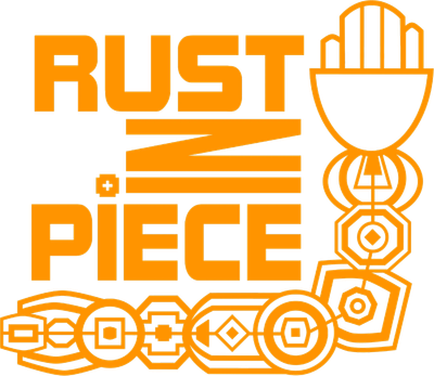 Rust N Piece logo with orange text and geometric design.